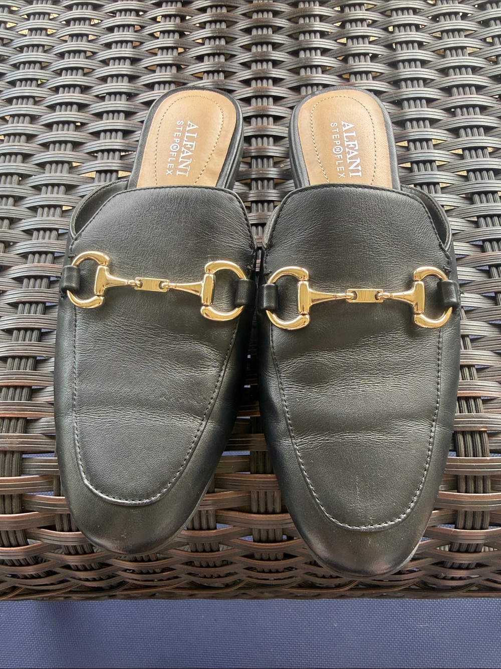 Alfani Black Leather Slip-On Loafers with Gold Buckle Detail